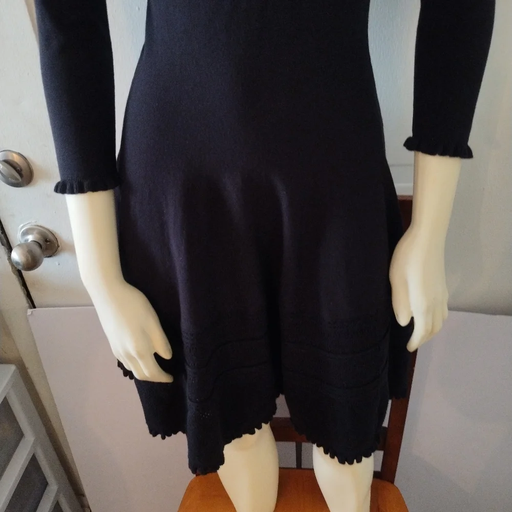 Kate Spade Sweater Knit Pointelle Dress Ruffle Neck Sleeves Fit & Flare Academia